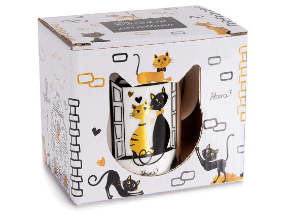 Tazza in porcellana da 350ml decoro gatti e dettagli dorati
