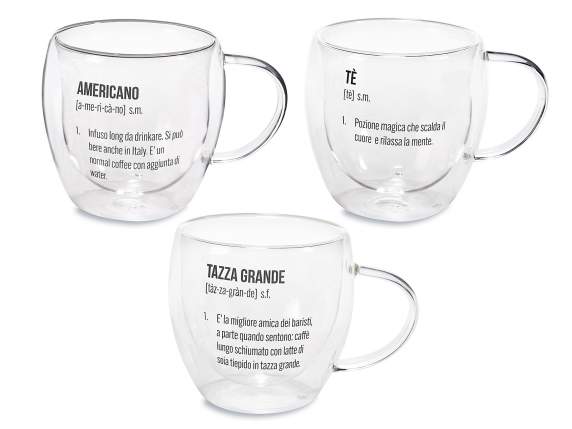 Tazza in vetro 200 ml con doppio fondo e scritte decorative