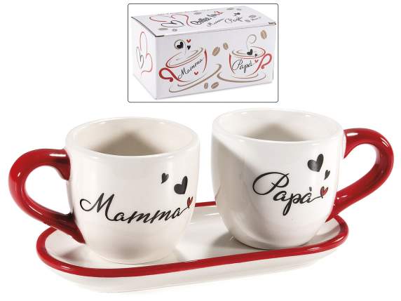 Set 2 tazzine caffè 90 ml in ceramica con scritte e piattino