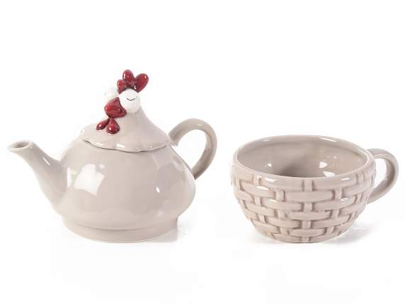 Set teiera e tazza in ceramica a gallinella