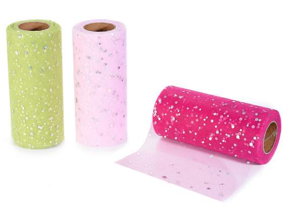 Rotolo di tulle colorato con brillantini argento