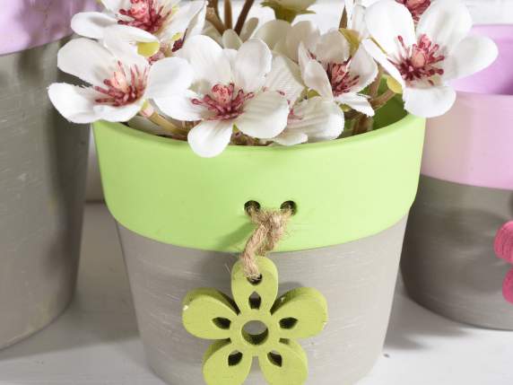 Set 3 vasi in ceramica bicolore con fiore in legno