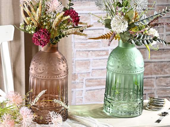 Vaso in vetro trasparente e satinato con decori in rilievo