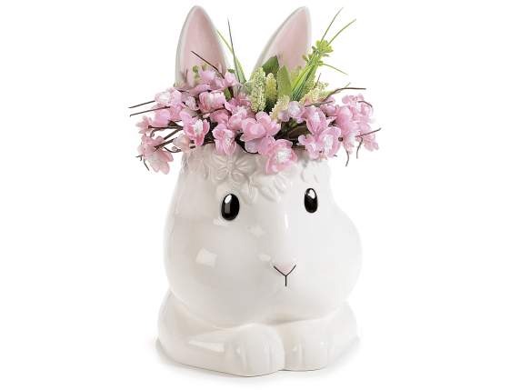 Vaso in ceramica lucida a coniglio con fiori in rilievo