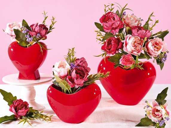 Set 3 vasi a cuore in ceramica rossa lucida