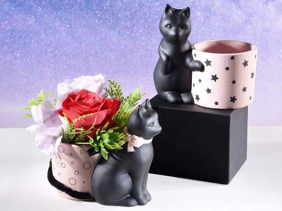 Vasetto in ceramica con gatto e coda in eco-pelliccia