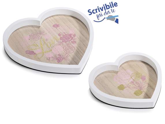 Set 2 vassoi a cuore in legno con decoro Rose Cuori