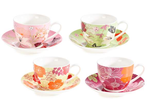 Tazza da tè in porcellana 200ml con piattino decoro fiori