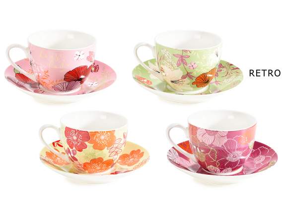 Tazza da tè in porcellana 200ml con piattino decoro fiori