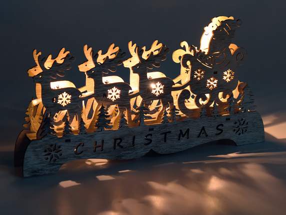 Decorazione slitta in legno c-Babbo Natale, renne e luce led