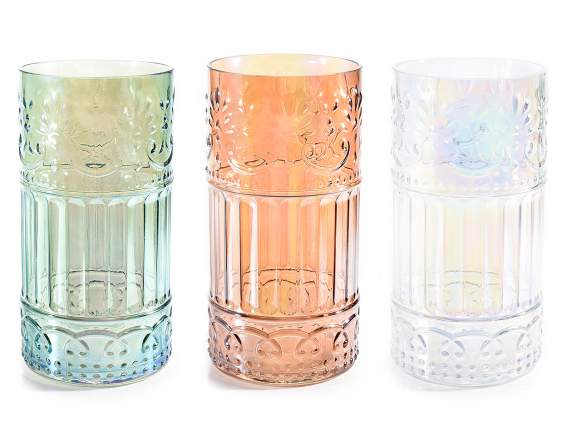 Iridescent effect glass vase with relief decorations