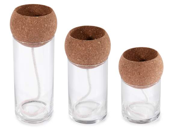 Set 3 jarrones autorriego cristal y corcho con cuerda