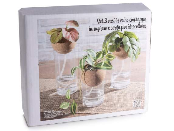 Set 3 jarrones autorriego cristal y corcho con cuerda