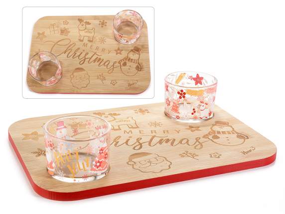 Set aperitivo 2 copas de cristal y bandeja de madera tallada