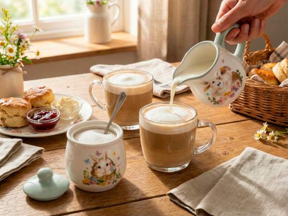 Jarra de leche y azucarero con tapa de conejito de cerámica