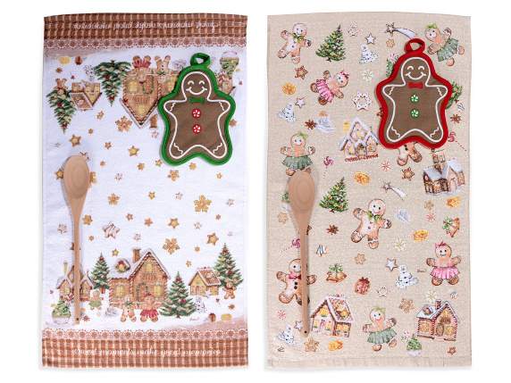 Juego navideño de paños de cocina de algodón, agarradera