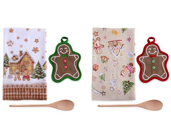 Juego navideño de paños de cocina de algodón, agarradera
