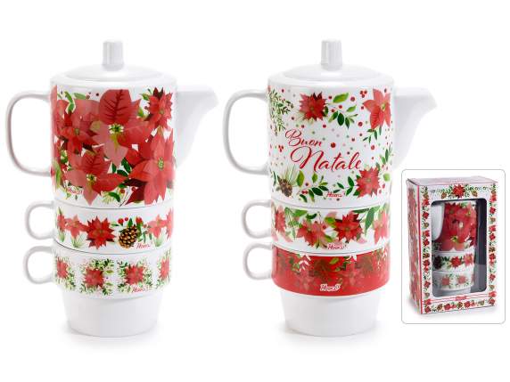 Juego de tetera y 2 tazas de porcelana apilables
