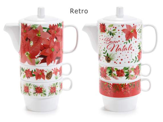 Juego de tetera y 2 tazas de porcelana apilables