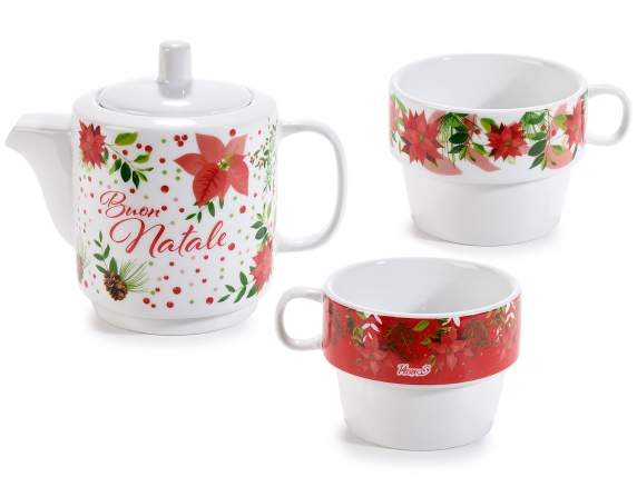 Juego de tetera y 2 tazas de porcelana apilables