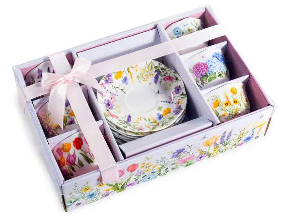 Set 6 tazas porcelana 60 ml con platillos y decoraciones
