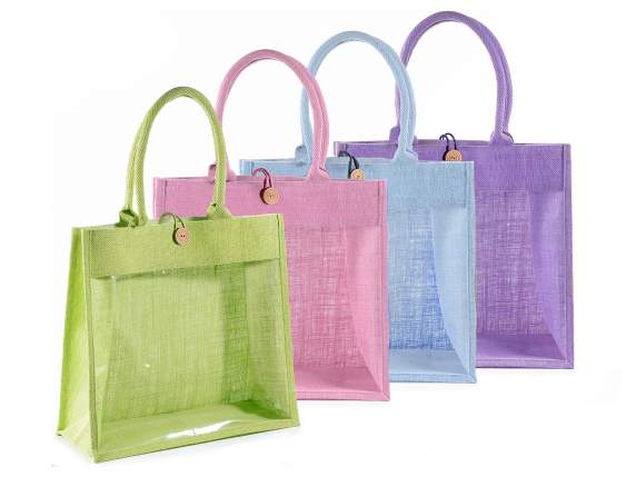 Jute bag w/window, handles and buttonclosure