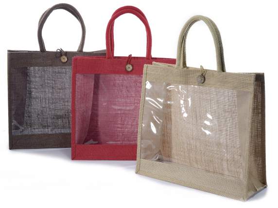 Jute bag with window, handles and button closure