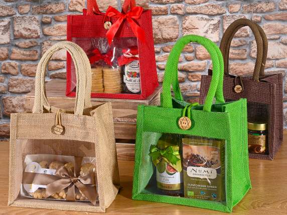 Jute bag with window, handles and button closure