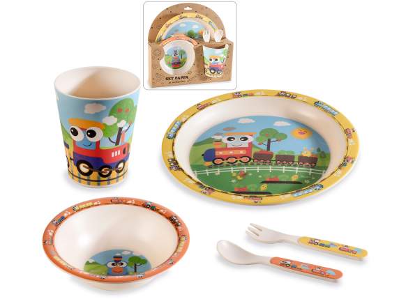 Set comida de melamina con 2 platos, 2 cubiertos y vaso