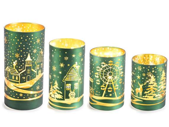 Set 4 lampade natalizie a cilindro in vetro decorato con LED