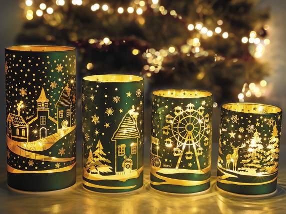Set 4 lampade natalizie a cilindro in vetro decorato con LED