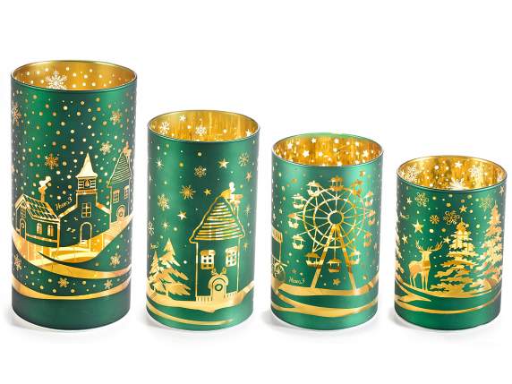 Set 4 lampade natalizie a cilindro in vetro decorato con LED