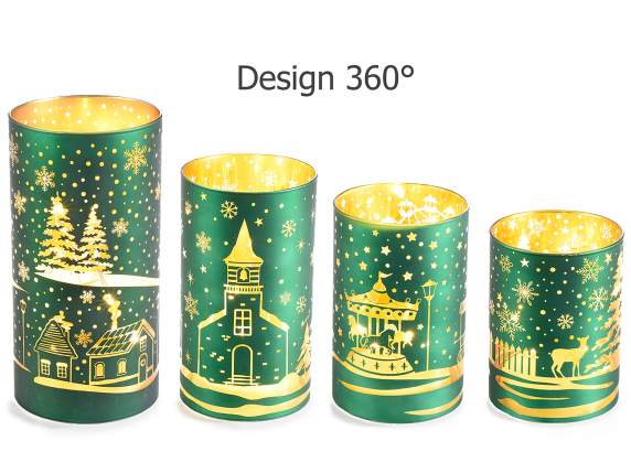 Set 4 lámparas cilíndricas navideñas vidrio decorado y luces