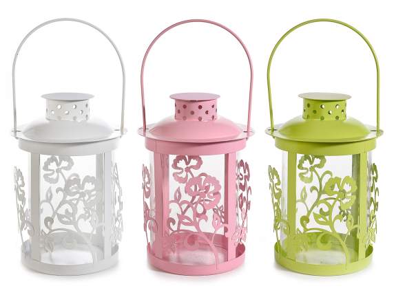 Lanterne porte-bougie en métal coloré avec sculptures floral