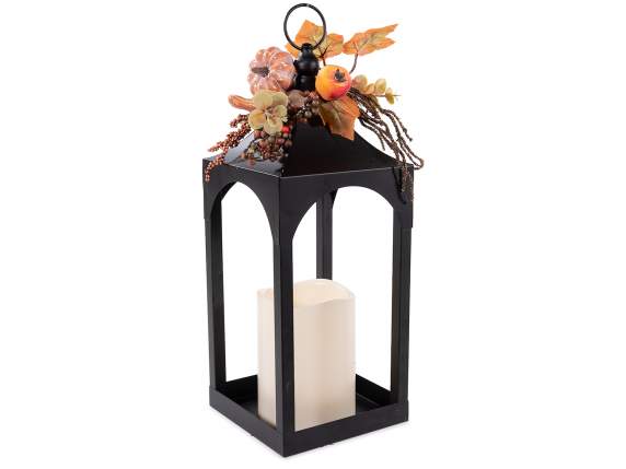 Lanterne avec bougie LED et brin de citrouilles, feuilles