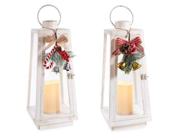 Lanterne avec bougie LED, bouquet avec noeud et cloches
