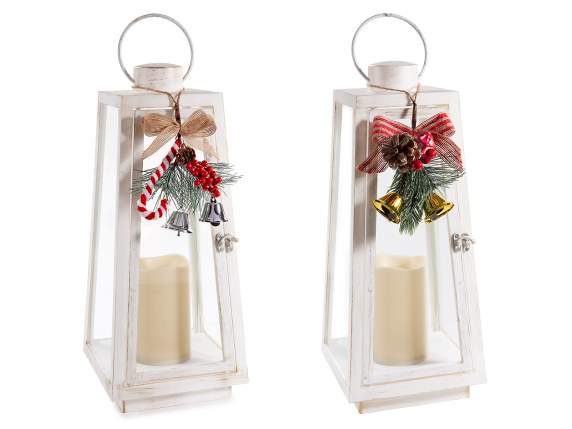 Lanterne avec bougie LED, bouquet avec noeud et cloches