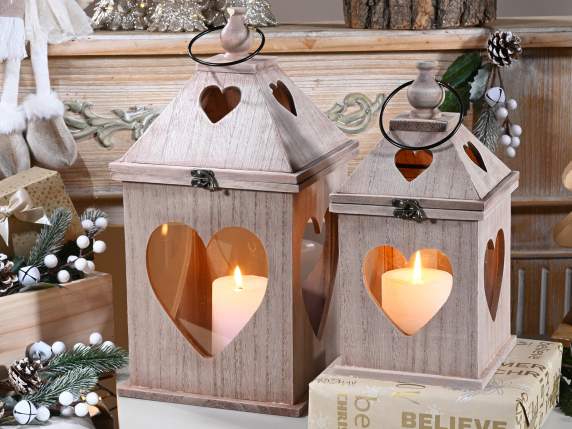 Set 2 lanterne in legno c-foro a cuore e apertura dallalto