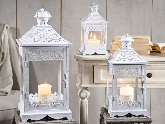 Set 3 felinare cu baza patrata din metal alb cu sculpturi