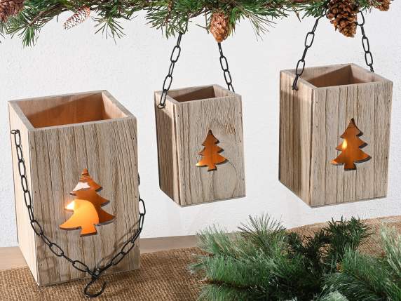Set 3 lanterne legno e metallo vasetto di vetro da appendere