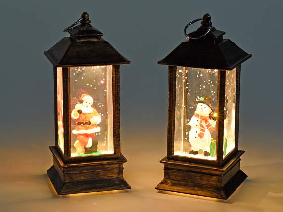 Lanterne décorative avec lumières LED à piles avec neige sci