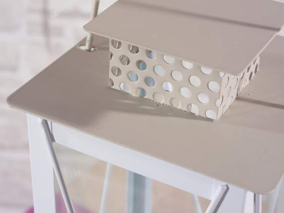 Lot de 4 lanternes en métal blanc avec toit écru