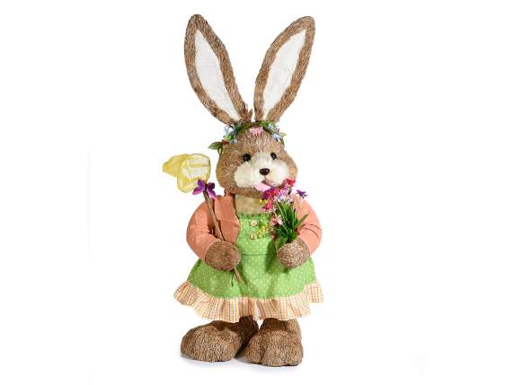 Large natural fiber bunny with flowers and butterflies