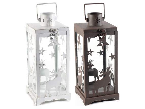 Farol de metal con base cuadrada con estrellas y renos