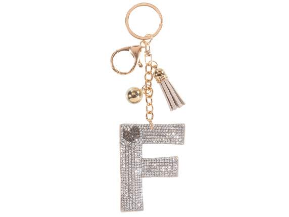 Charm-llavero letra F plata con pedrería y borla