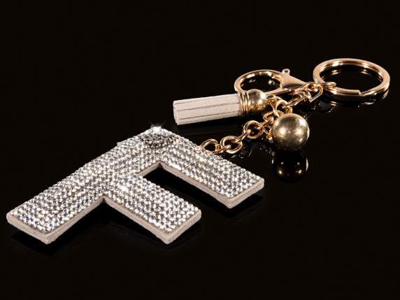Charm-llavero letra F plata con pedrería y borla