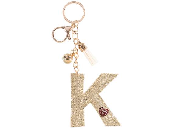 Charm - Llavero Letra K Dorado con Pedrería y Borla