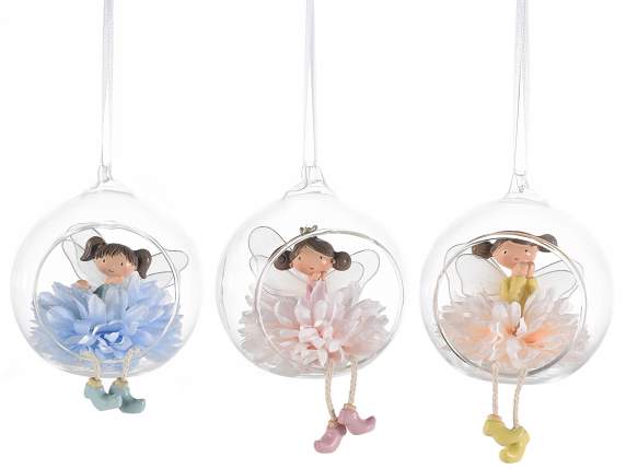 Long legs resin fairy in glass sphere to hang