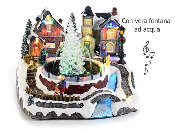 Paysage de Noël en résine avec lumières, fontaine et musique