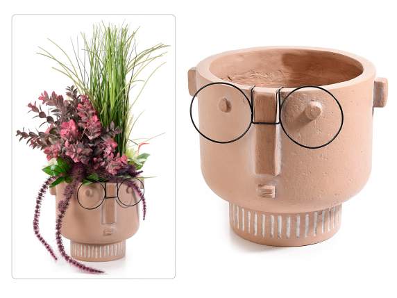 Magnesia flower vase with decorated face and glasses